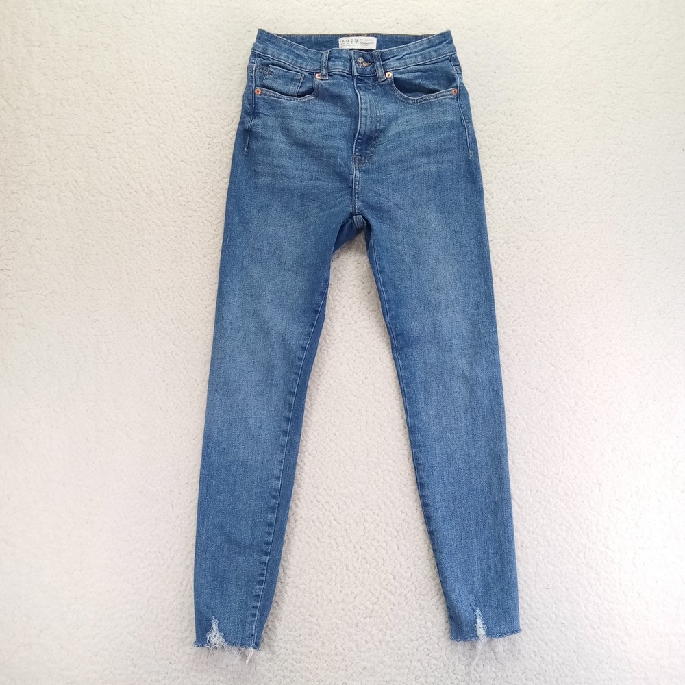 Primark Denim Co Women High Waisted Skinny Jeans Blue Raw Hem Size 2 Medium Wash